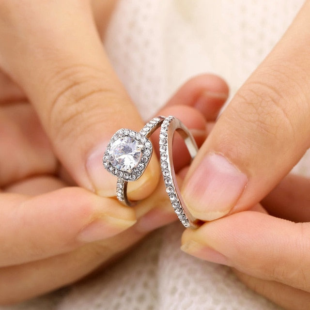 2Pcs/Set 2018 Luxury Green Blue Stone Crystal Rings For Women Sliver Color Zirconia Wedding Engagement Ring Jewelry Size 6 7 8 9