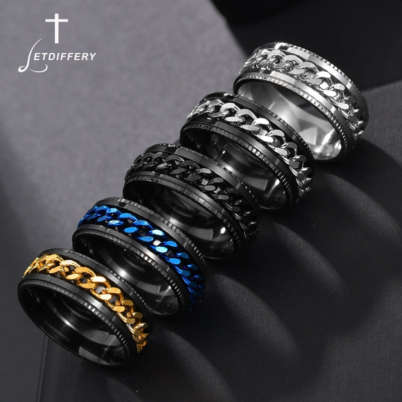 Letdiffery Punk 8mm Spinner Chain Men Rotatable Ring Black Blue Stainless Steel Rotatable Cool Jewelry Party Gift Anel Alliance