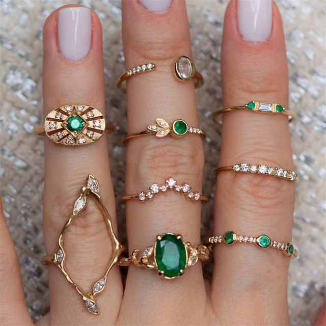 11 Pcs/set Vintage Women Evil Eye Olive Branch Rings Set Crystal Crown Fashion Ring for Women Geometric Finger Wedding Jewelry