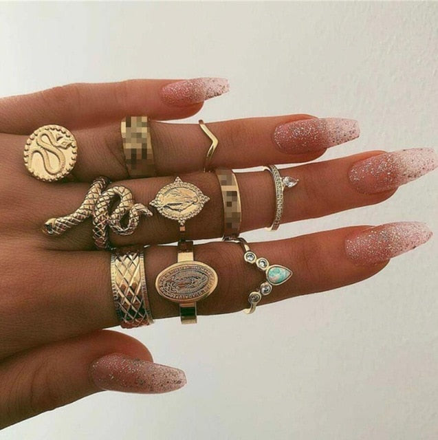 11 Pcs/set Vintage Women Evil Eye Olive Branch Rings Set Crystal Crown Fashion Ring for Women Geometric Finger Wedding Jewelry