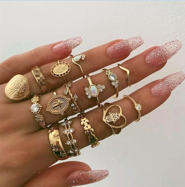 11 Pcs/set Vintage Women Evil Eye Olive Branch Rings Set Crystal Crown Fashion Ring for Women Geometric Finger Wedding Jewelry