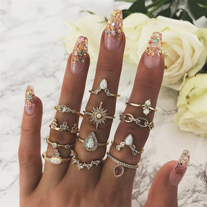 11 Pcs/set Vintage Women Evil Eye Olive Branch Rings Set Crystal Crown Fashion Ring for Women Geometric Finger Wedding Jewelry