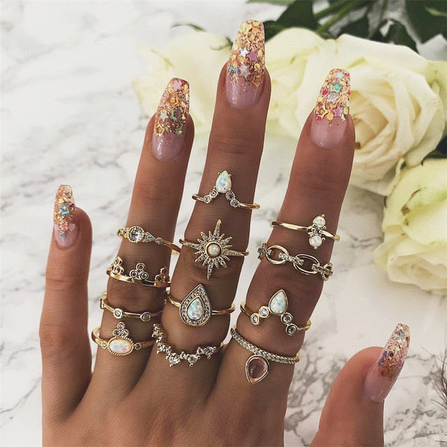 11 Pcs/set Vintage Women Evil Eye Olive Branch Rings Set Crystal Crown Fashion Ring for Women Geometric Finger Wedding Jewelry