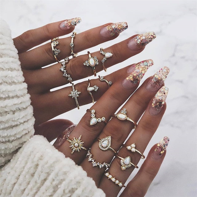 11 Pcs/set Vintage Women Evil Eye Olive Branch Rings Set Crystal Crown Fashion Ring for Women Geometric Finger Wedding Jewelry