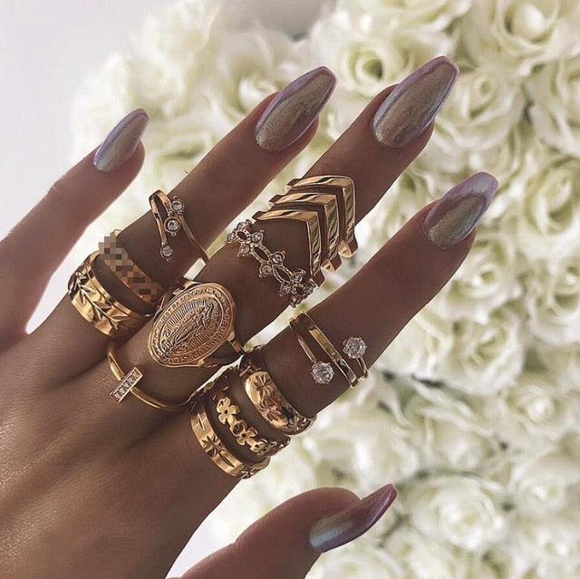 11 Pcs/set Vintage Women Evil Eye Olive Branch Rings Set Crystal Crown Fashion Ring for Women Geometric Finger Wedding Jewelry