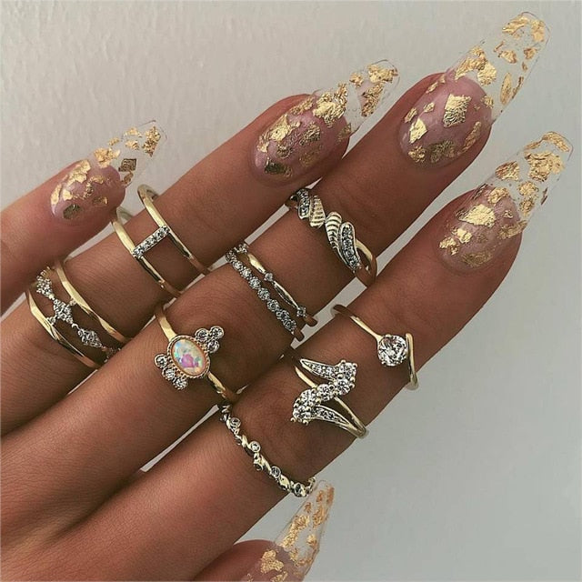 11 Pcs/set Vintage Women Evil Eye Olive Branch Rings Set Crystal Crown Fashion Ring for Women Geometric Finger Wedding Jewelry