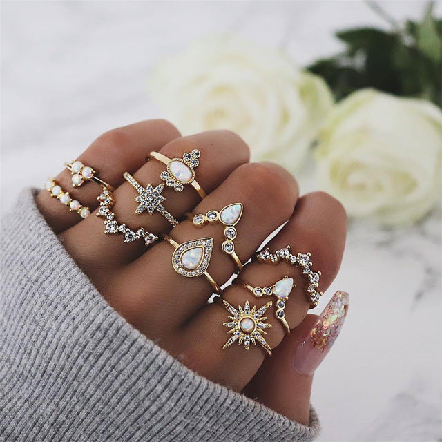 11 Pcs/set Vintage Women Evil Eye Olive Branch Rings Set Crystal Crown Fashion Ring for Women Geometric Finger Wedding Jewelry