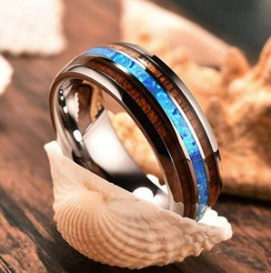 Titanium Ring for Men 8mm Groove Hawaiian Wood and Abalone Shell Tungsten Carbide Engagement Wedding Rings Size 6-13