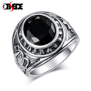 OBSDE Big Signet Vintage Rings For Women Oval Black Stone Cubic Zirconia Rings Men Cool Rock Punk Antique Silver Ring Jewelry