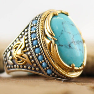 Bohemian Large Oval Natural Stone Rings For Women Men Vintage Dual Color Blue Beads Turquoises Finger Rings Party Jewelry Z4M385