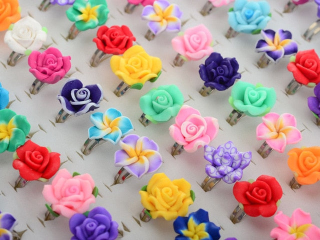 PINKSEE 10Pcs Mixed Colors Polymer Clay Children Kids Flower Finger Rings Lovely Fashion Jewelry For Gift Adjustable Wholesale