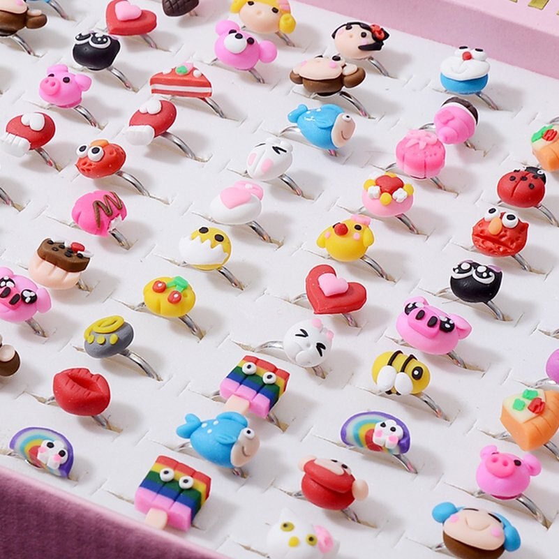 5Pcs/Lot Acrylic Cute Cartoon Adjustable Rings For Girls Fruit Animal Mixed Finger Ring Set Children Kids Rings Wholesale