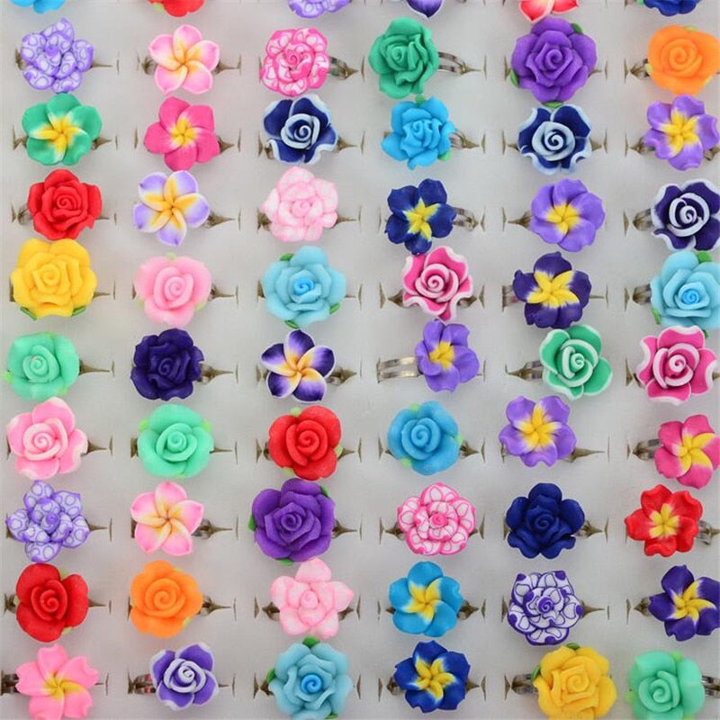 CHIC Wholesale Lots 10pcs Colorful Rose Flower polymer clay Children Rings Adjustable size Kids Gift Drop Ship