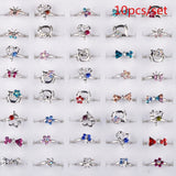 AOMU Wholesale 10pcs Cartoon Cat Flower Jewelry Lots Mixed Lovely Girls boys Princess Crystal Rhinestone Kids Children's Rings