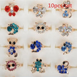 AOMU Wholesale 10pcs Cartoon Cat Flower Jewelry Lots Mixed Lovely Girls boys Princess Crystal Rhinestone Kids Children's Rings