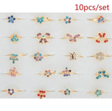 AOMU Wholesale 10pcs Cartoon Cat Flower Jewelry Lots Mixed Lovely Girls boys Princess Crystal Rhinestone Kids Children's Rings