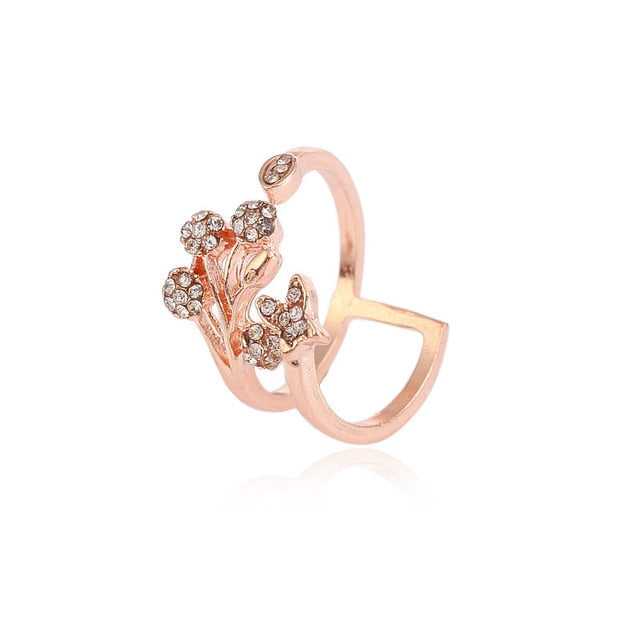 Flower Rose Gold Color Adjustable Rings for Women Fashion Rhinestone Jewelry Engagement Ring Gold Color for Female Anillos Mujer