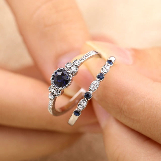 2Pcs/Set 2018 Luxury Green Blue Stone Crystal Rings For Women Sliver Color Zirconia Wedding Engagement Ring Jewelry Size 6 7 8 9
