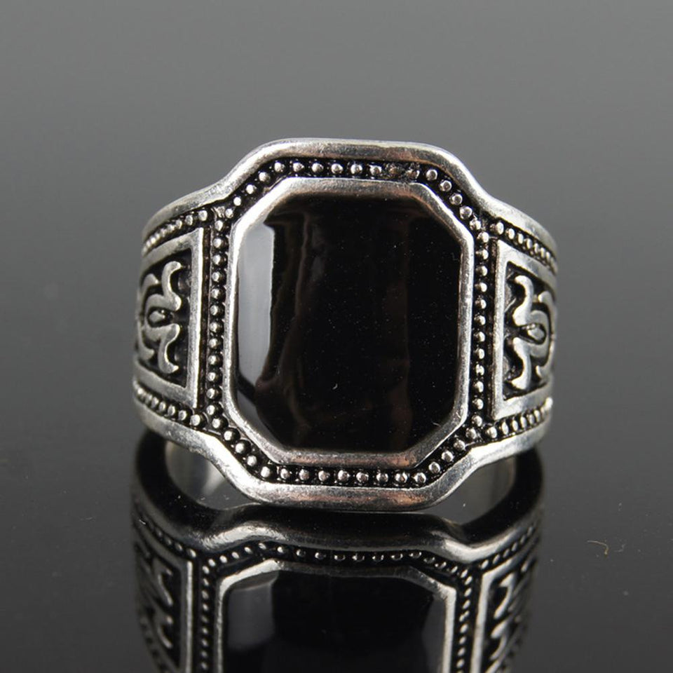 DreamBell Men Punk Style Retro Black Artificial Gem Ring Fashion Finger Rings for Men