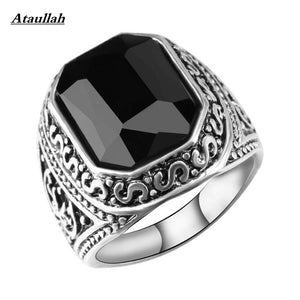Ataullah Men Black Carnelian Semi-Precious Stone Signet Ring Silver Stainless Steel for Men Jewelry Anillos Accessories RWD7-115