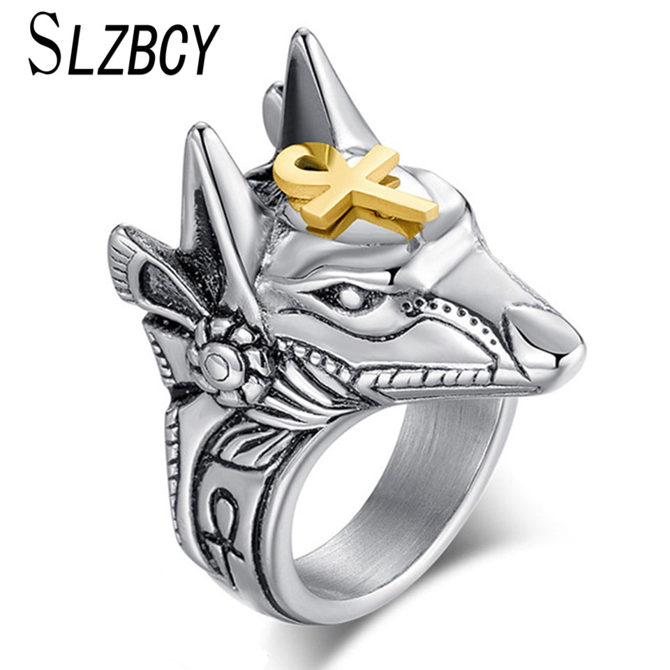 SLZBCY Stainless Steel Egypt Cross Anubis God Finger Rings For Men Women Punk Wolf Head Knuckle Ring Statement Retro Jewelry