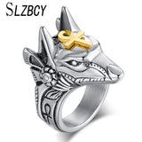 SLZBCY Stainless Steel Egypt Cross Anubis God Finger Rings For Men Women Punk Wolf Head Knuckle Ring Statement Retro Jewelry