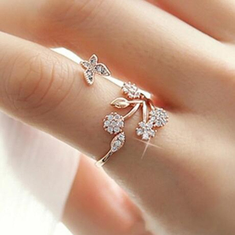 Flower Rose Gold Color Adjustable Rings for Women Fashion Rhinestone Jewelry Engagement Ring Gold Color for Female Anillos Mujer